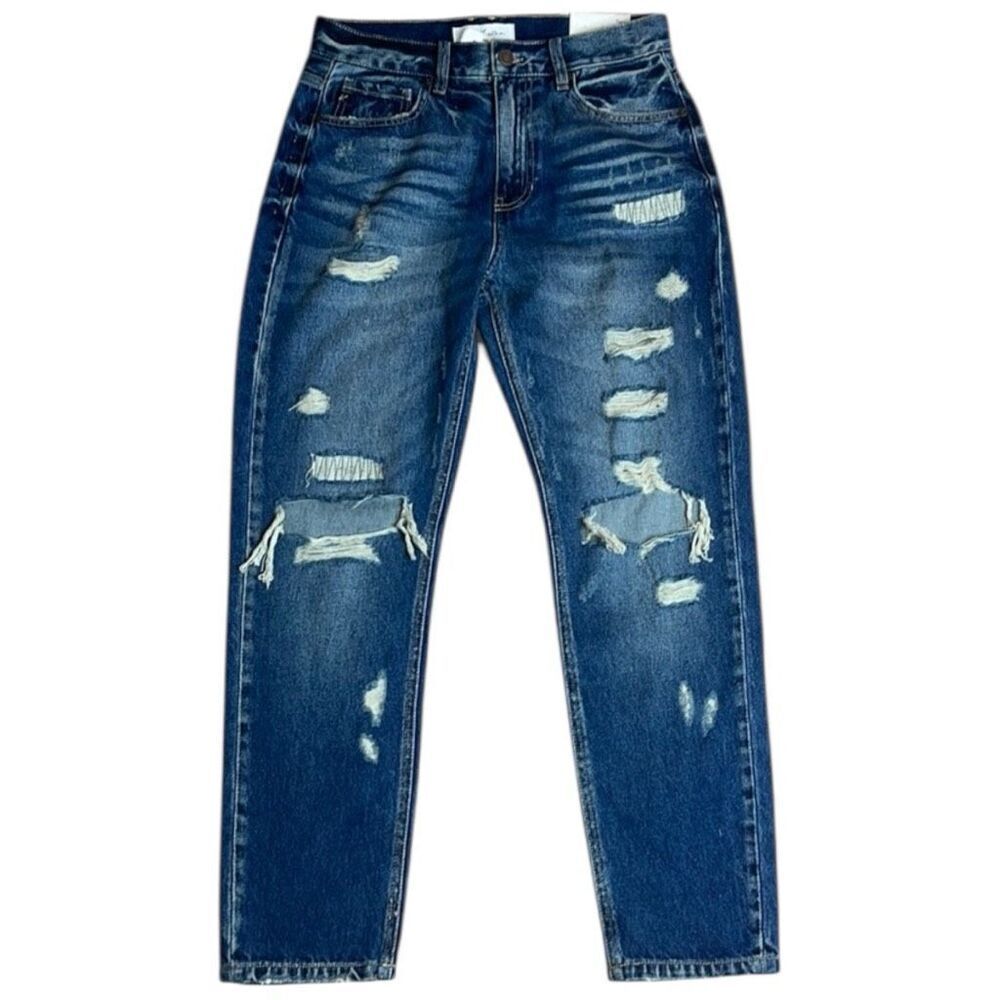 Kancan Ultra High Rise Dark Wash Cropped Distressed Mom Fit Jeans 15/31 NWT - Picture 11 of 16